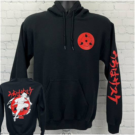 Black Naruto Shippuden Hoodie with Red Logo on Front and Graphic Design on Back, Size Medium