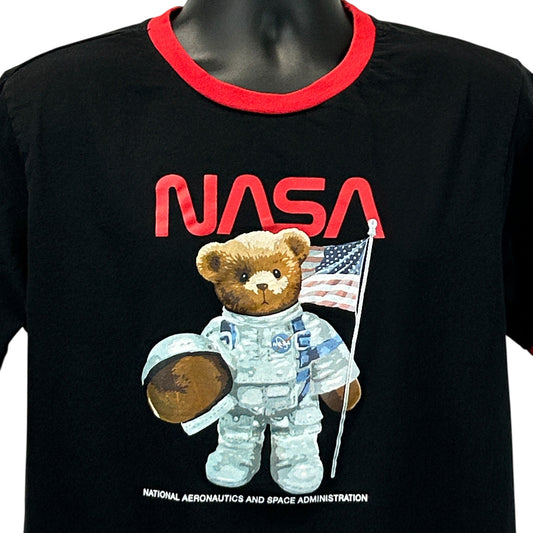 Black T-Shirt from Navy Yard featuring a NASA bear graphic, red collar, front view, size medium