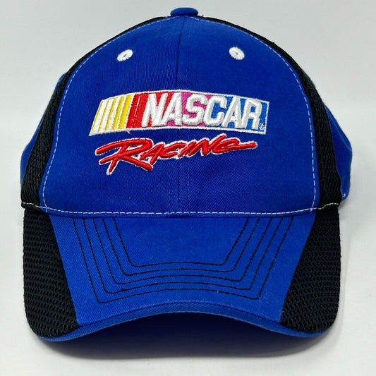 Front view of a blue Checkered Flag Sports NASCAR hat with embroidered logo and black mesh details