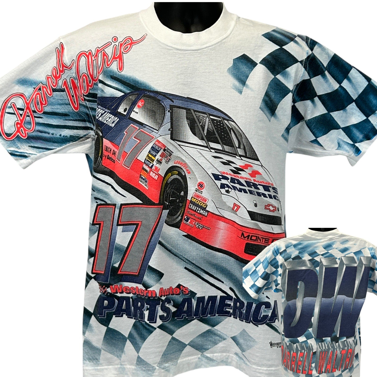 Front view of Fruit of the Loom NASCAR Darrell Waltrip T-Shirt featuring car graphic and logo in white and blue
