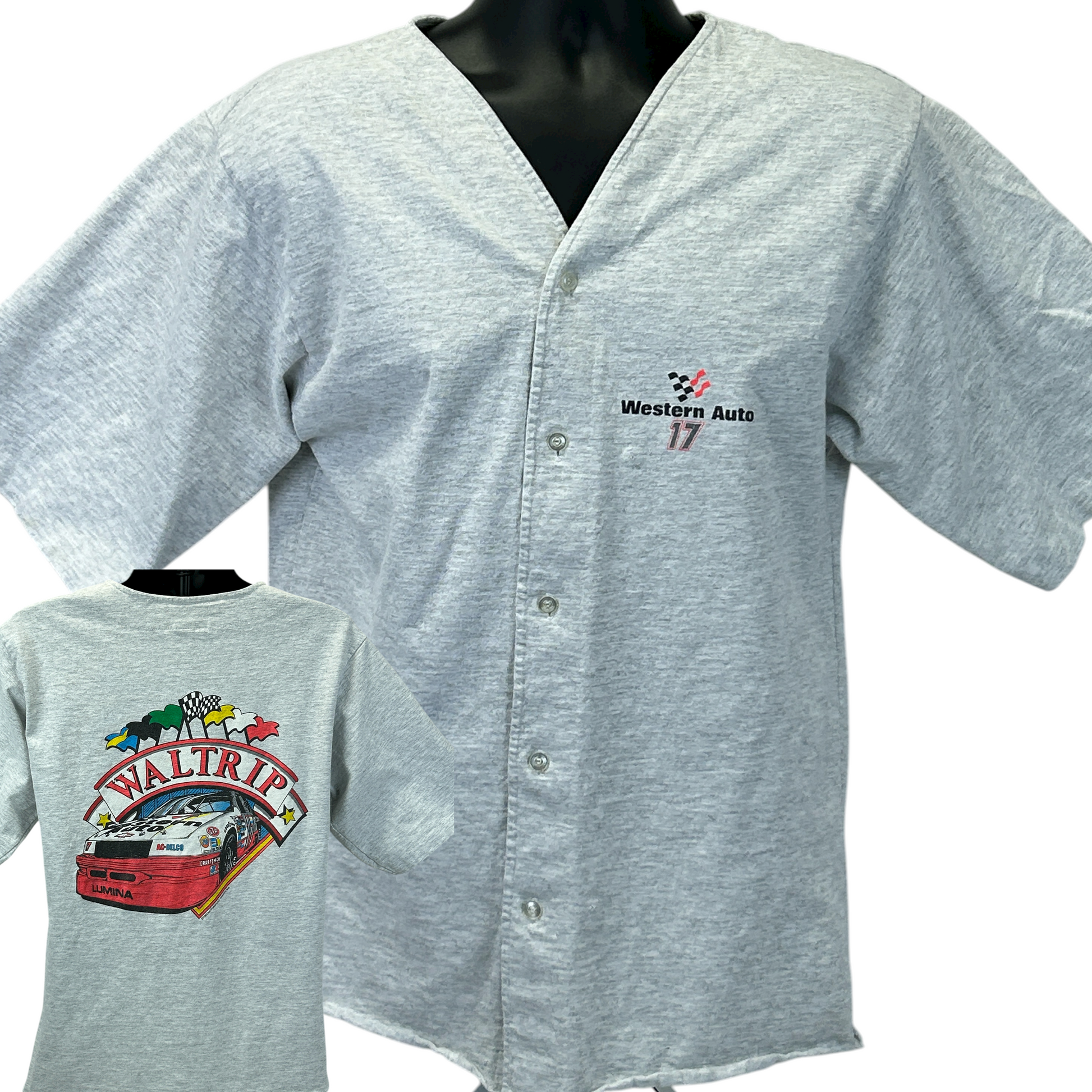 Gray Vintage Darrell Waltrip NASCAR T-Shirt with Front Button Closure and Colorful Logo on Back