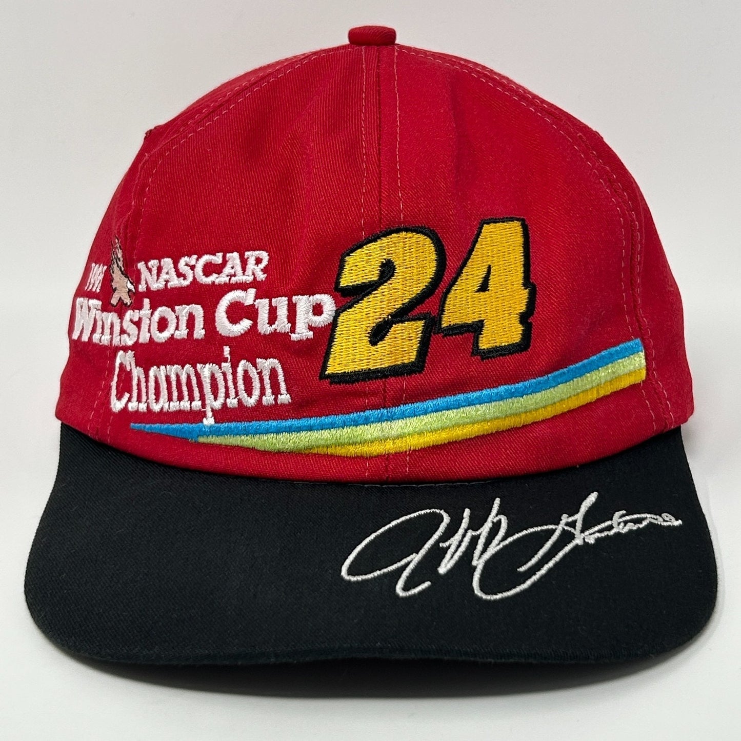 Vintage Jeff Gordon red baseball cap with 24 and Champion embroidery and signature detail