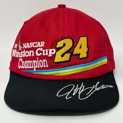Vintage Jeff Gordon red baseball cap with 24 and Champion embroidery and signature detail