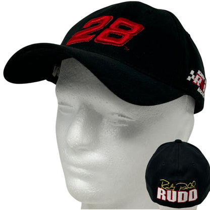 Front view of NASCAR Ricky Rudd black baseball cap featuring red '28' embroidery and signature logo