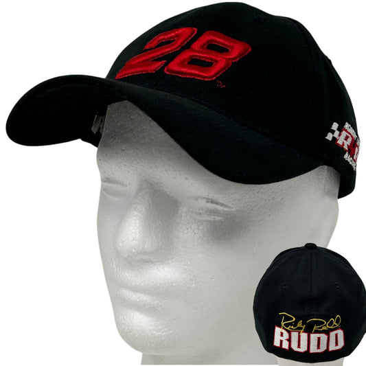 Front view of NASCAR Ricky Rudd black baseball cap featuring red '28' embroidery and signature logo