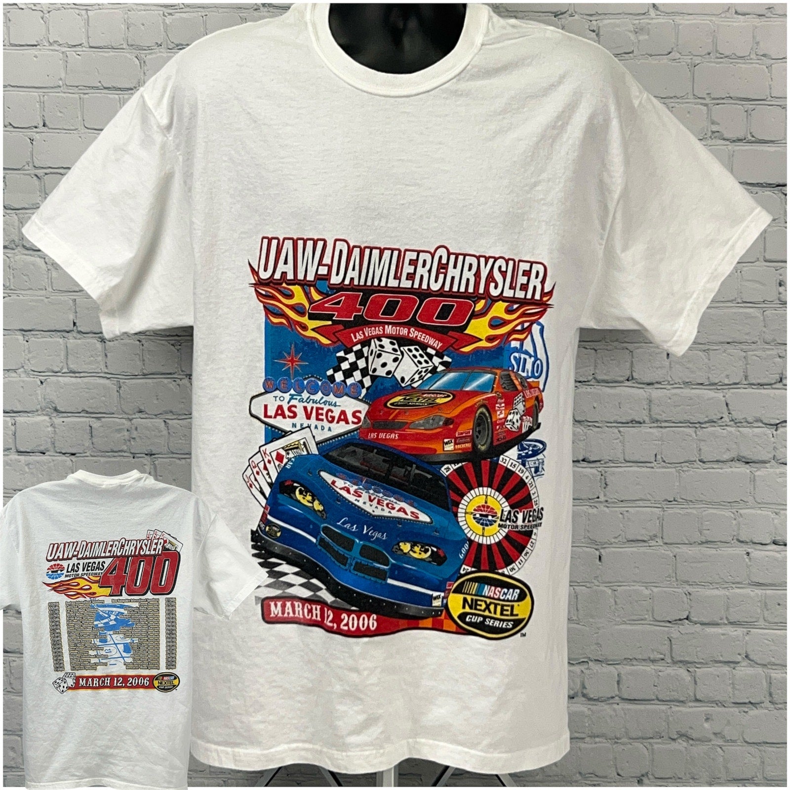 White Hanes NASCAR t-shirt featuring race car graphic, size large, front view with Las Vegas event details