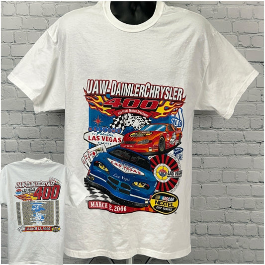 White Hanes NASCAR t-shirt featuring race car graphic, size large, front view with Las Vegas event details