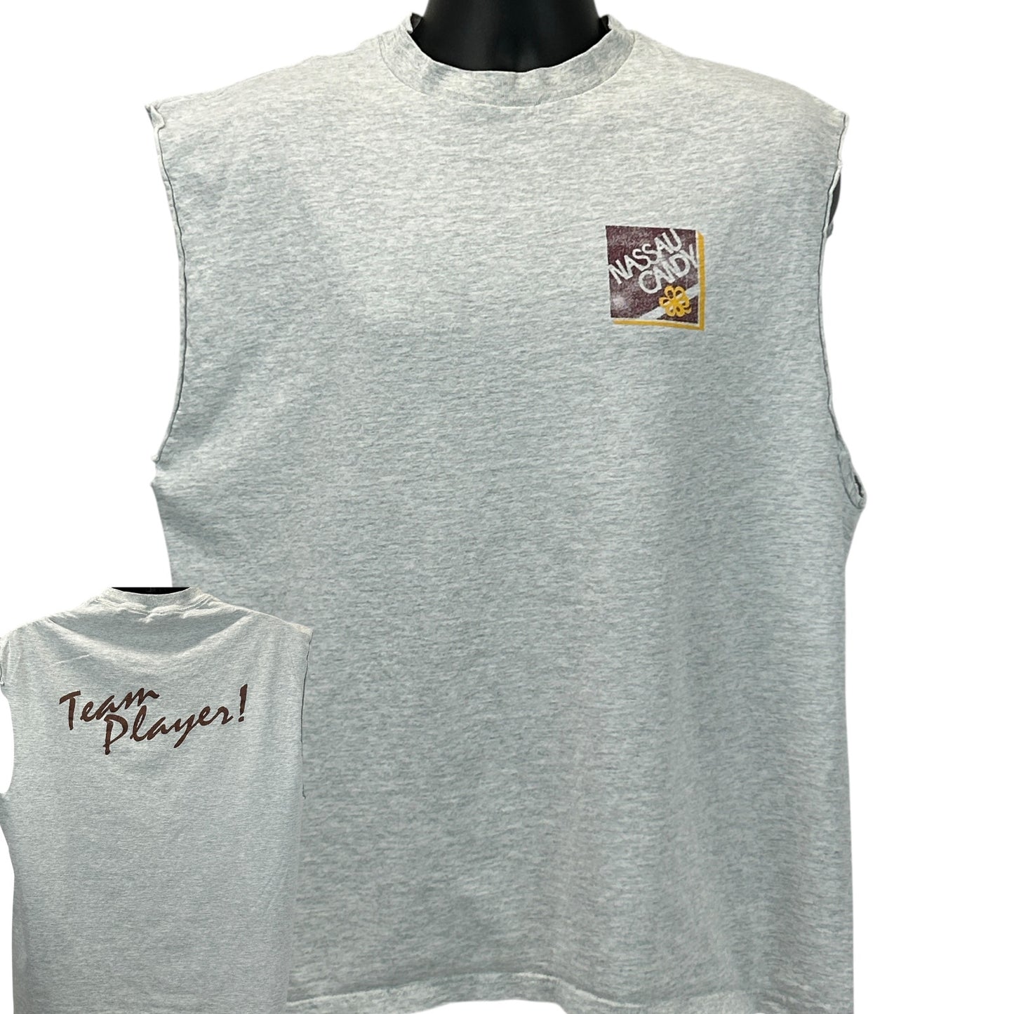 Fruit of the Loom Gray Sleeveless T-Shirt featuring Nassau Candy logo on the front and 'Team Player!' text on the back
