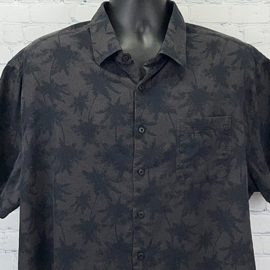 Nat Nast Short Sleeve Button-Up Shirt in Black with Floral Pattern and Chest Pocket
