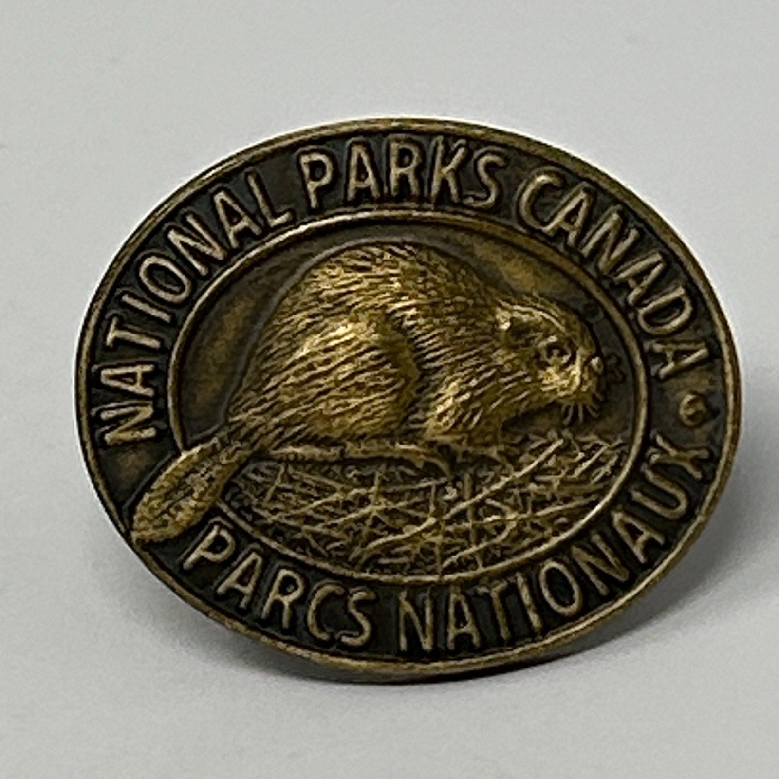Bronze Canada Lapel Pin featuring a beaver and text National Parks Canada, detailed front view
