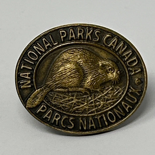 Bronze Canada Lapel Pin featuring a beaver and text National Parks Canada, detailed front view