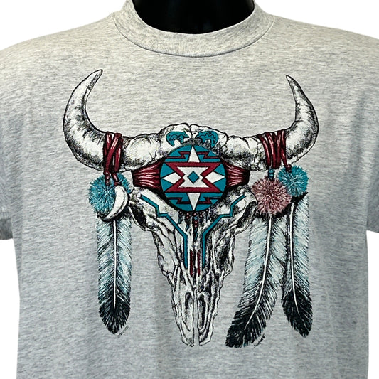 Gray Jerzees T-Shirt featuring a Native American Indian skull graphic with feathers and colorful details on the front