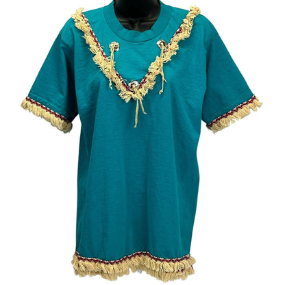 Teal Fruit of the Loom T-Shirt with Native American Indian fringe detailing and decorative ties