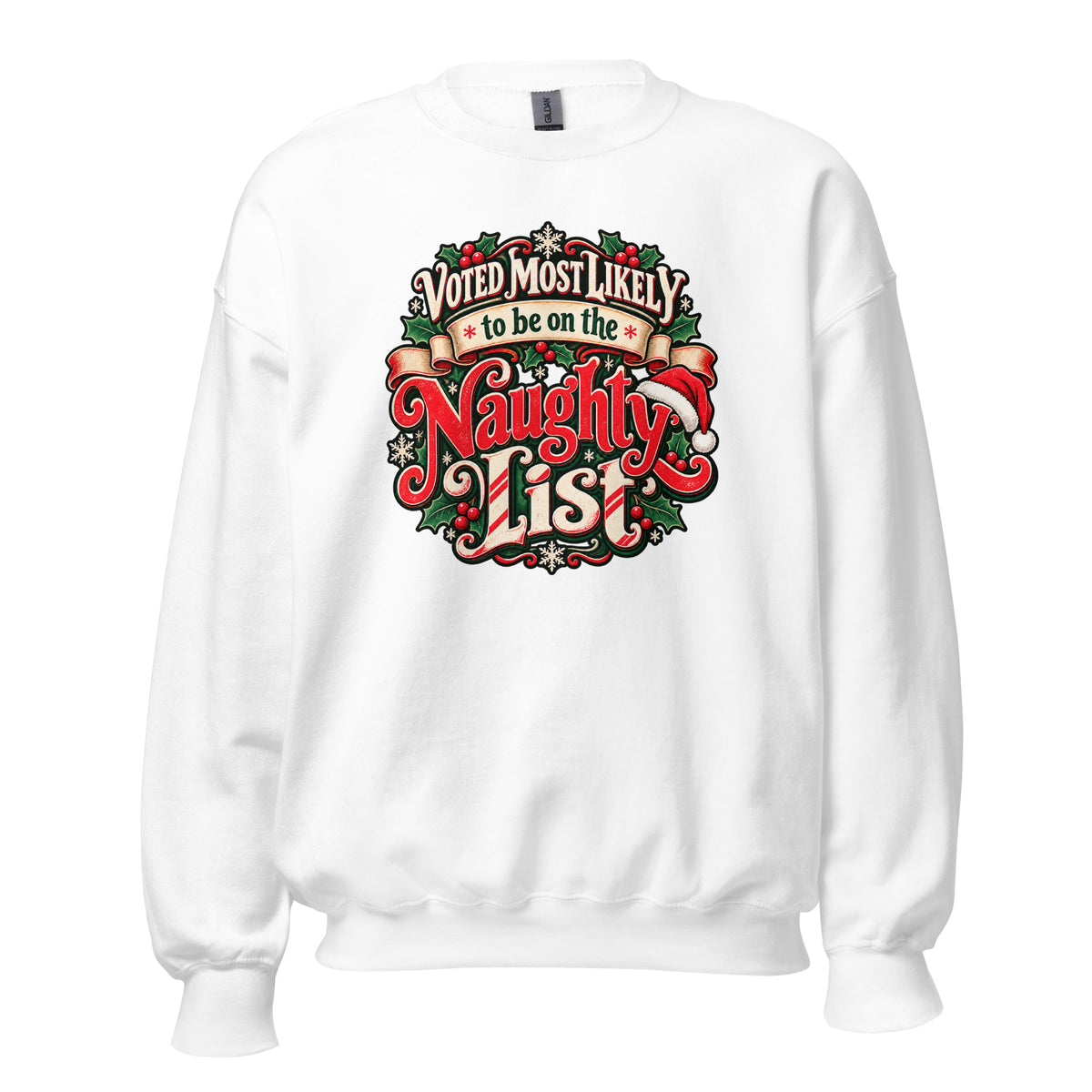 NeonVtg Naughty List Christmas Sweatshirt in White with Unique Vintage Graphic Design