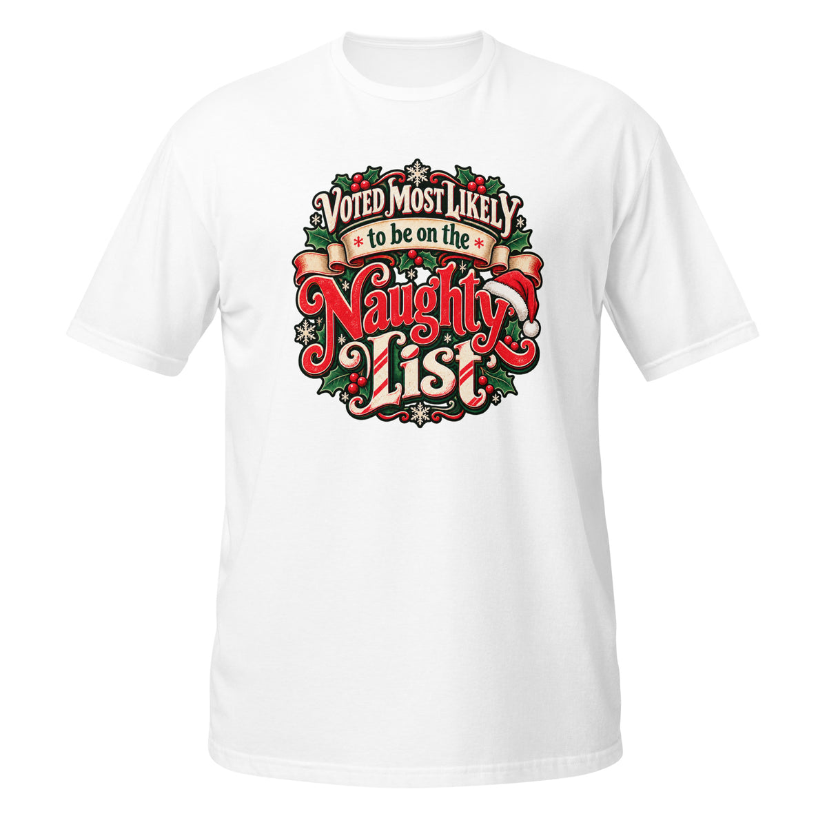 Neonvtg Naughty List Christmas T-Shirt in white with a colorful design saying Voted Most Likely to be on the Naughty List