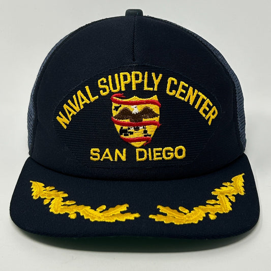 Navy blue Vintage Trucker Hat Cap featuring San Diego Naval Supply Center logo with yellow embroidery