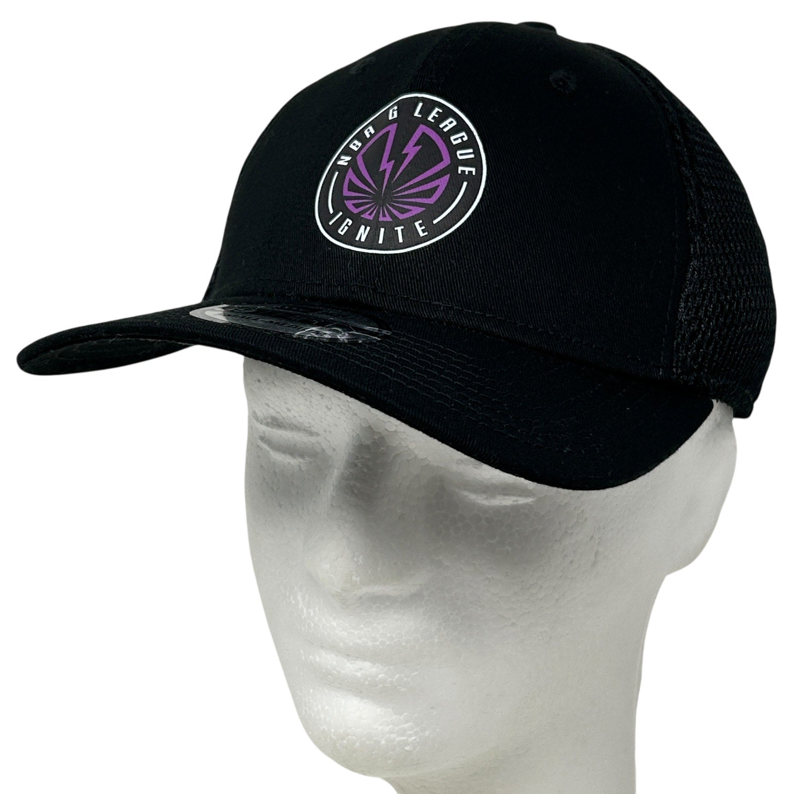 Black New Era NBA G League Ignite Trucker Hat with Purple Logo on Front