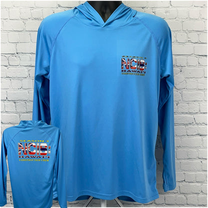 Light blue NCIS Hawaii hoodie with front pocket and Season logo on the back for fans of the show