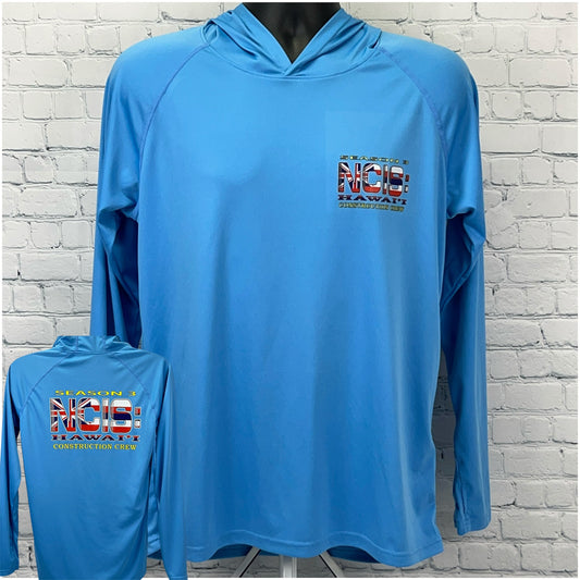 Light blue NCIS Hawaii hoodie with front pocket and Season logo on the back for fans of the show