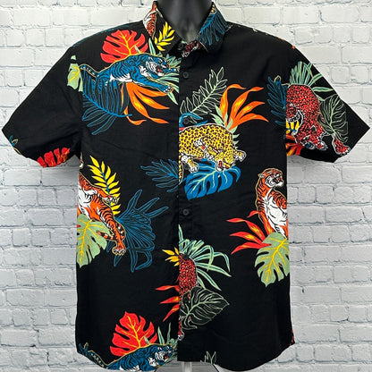 Neff Shirt in black with colorful tropical animal print featuring leopards and tigers, front view