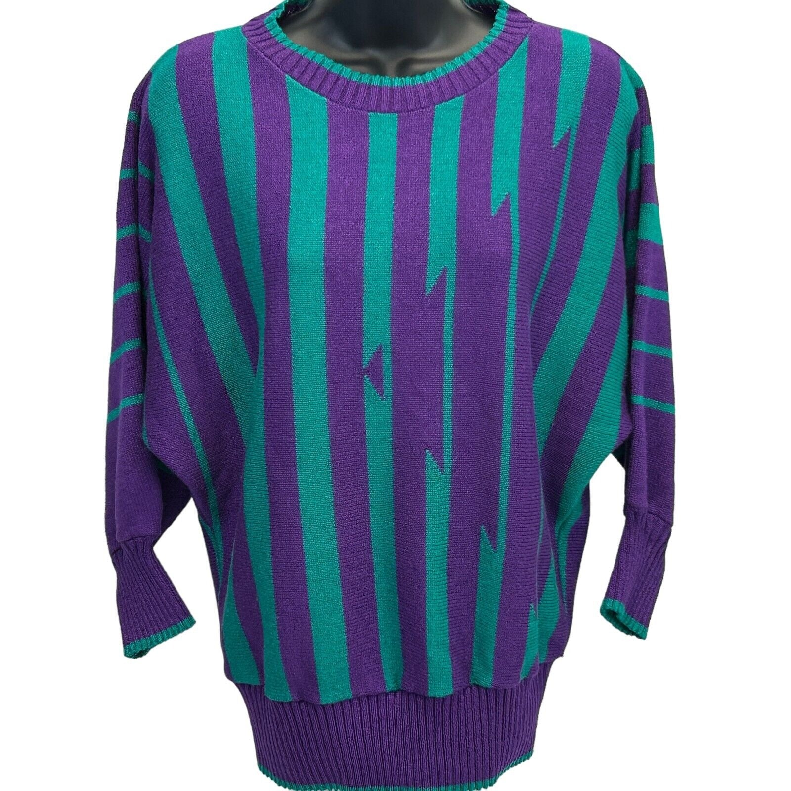 Vintage 80s Neiman Marcus Sweater Purple Green Striped Made In USA Womens Size 6 - Neon Vintage