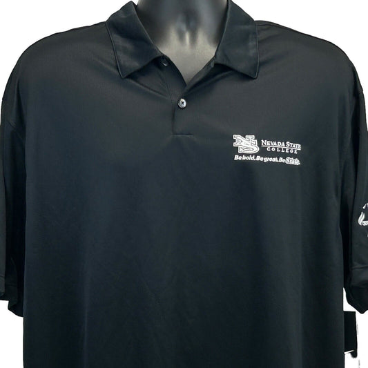 Nike black polo shirt with Nevada State College logo on the front, short sleeves, size medium