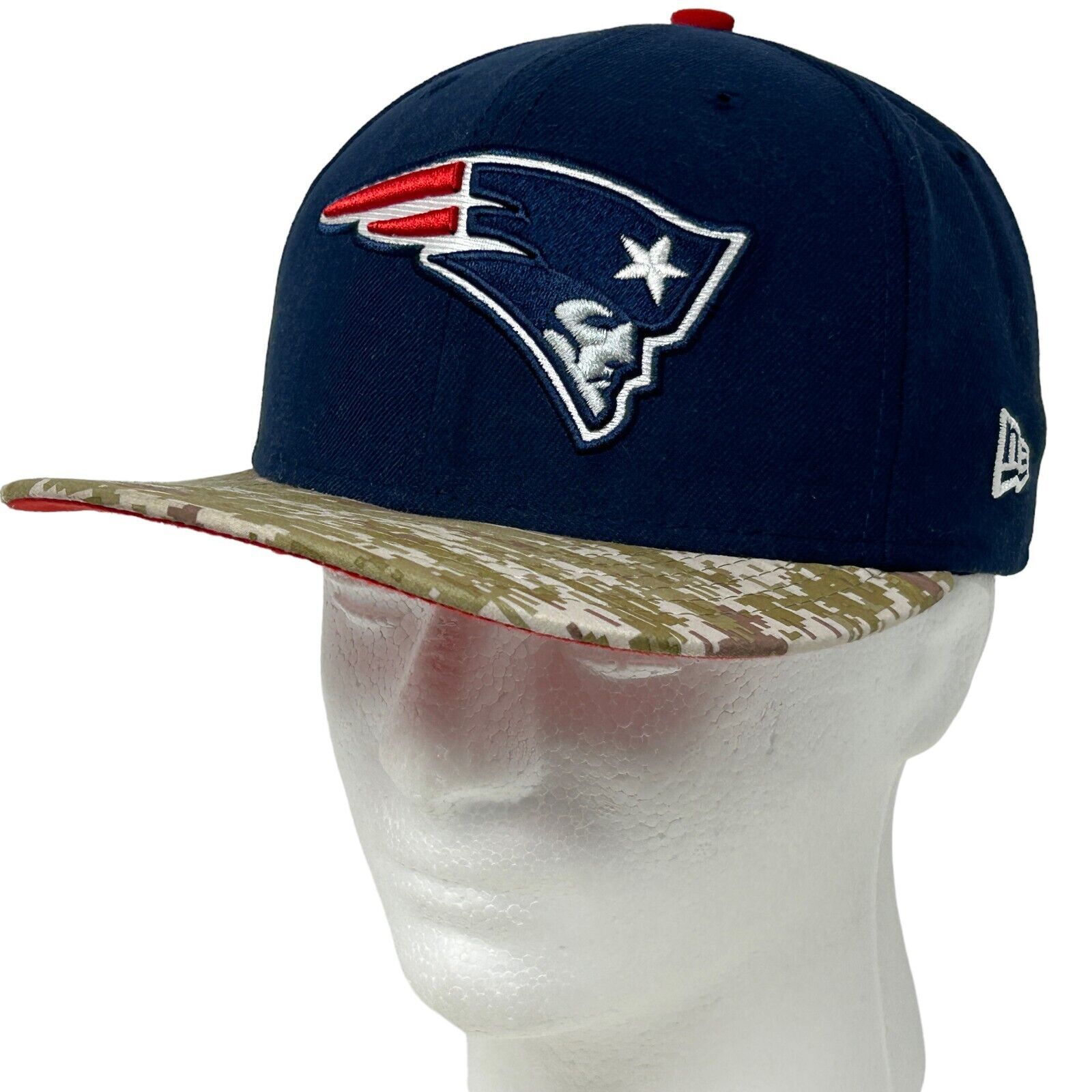 New England Patriots Navy Hat with Camouflage Brim, featuring logo on front, side view