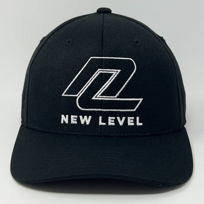 Black Yupoong cap with white embroidered New Level Golf logo on the front view
