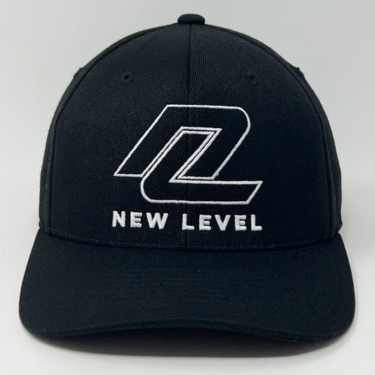 Black Yupoong cap with white embroidered New Level Golf logo on the front view