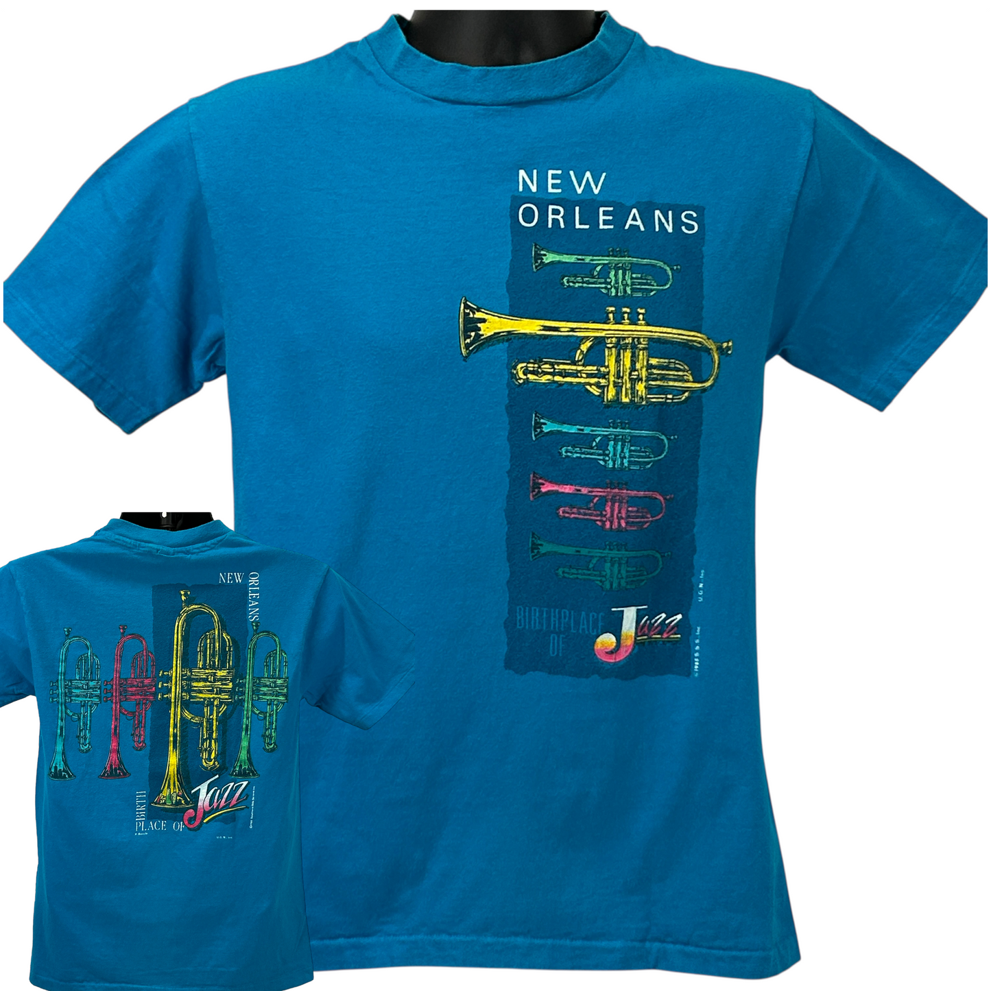 Teal Hanes T-Shirt featuring trumpet design and 'New Orleans' text, front view, size large