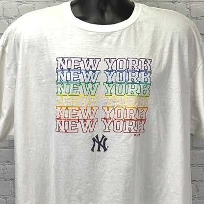 White New York Yankees T-shirt featuring colorful stacked lettering and logo on the front.