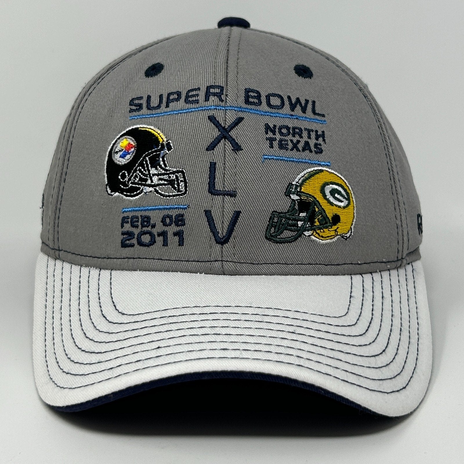 Reebok Green Bay Packers Hat in gray with Super Bowl XLV embroidery and team logos on the front