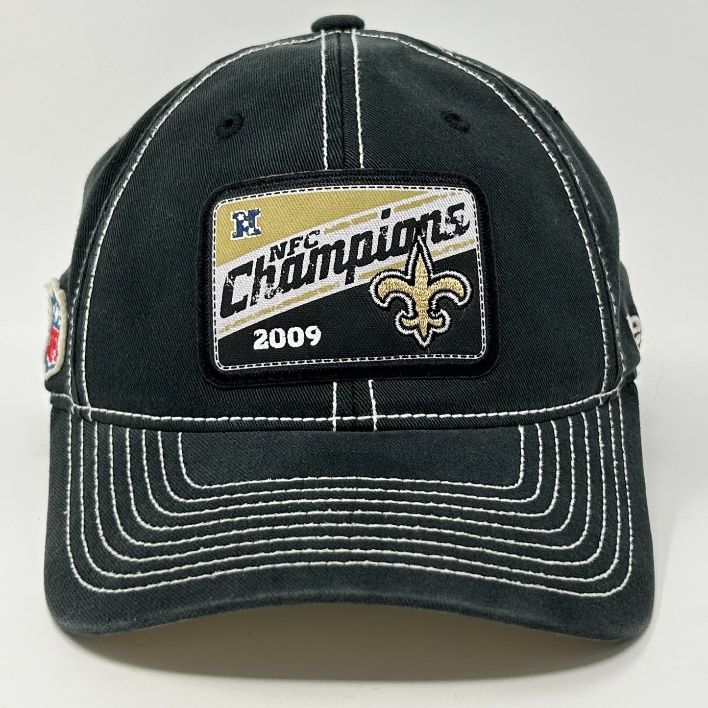 Reebok New Orleans Saints black baseball hat with NFC Champions logo from 2009, front view