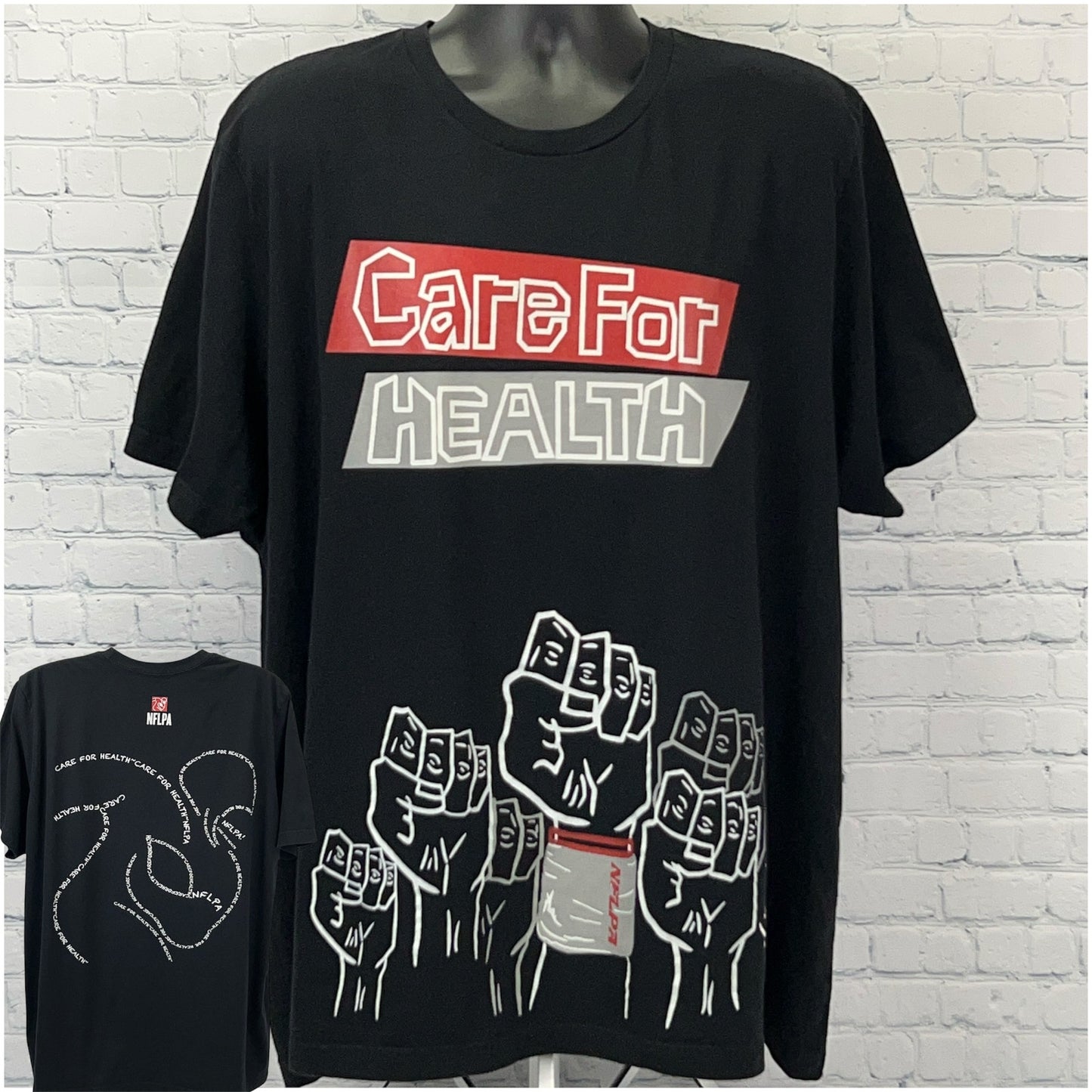 Black NFLPA Care For Health T-Shirt in size large featuring bold fists and health graphics on front