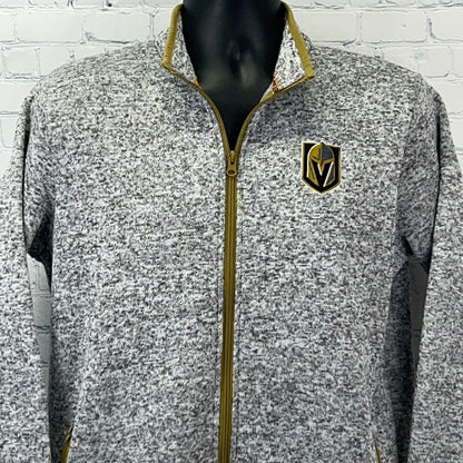Gray zip-up jacket for men featuring Golden Knights logo on the chest and gold accents