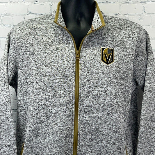 Gray zip-up jacket for men featuring Golden Knights logo on the chest and gold accents