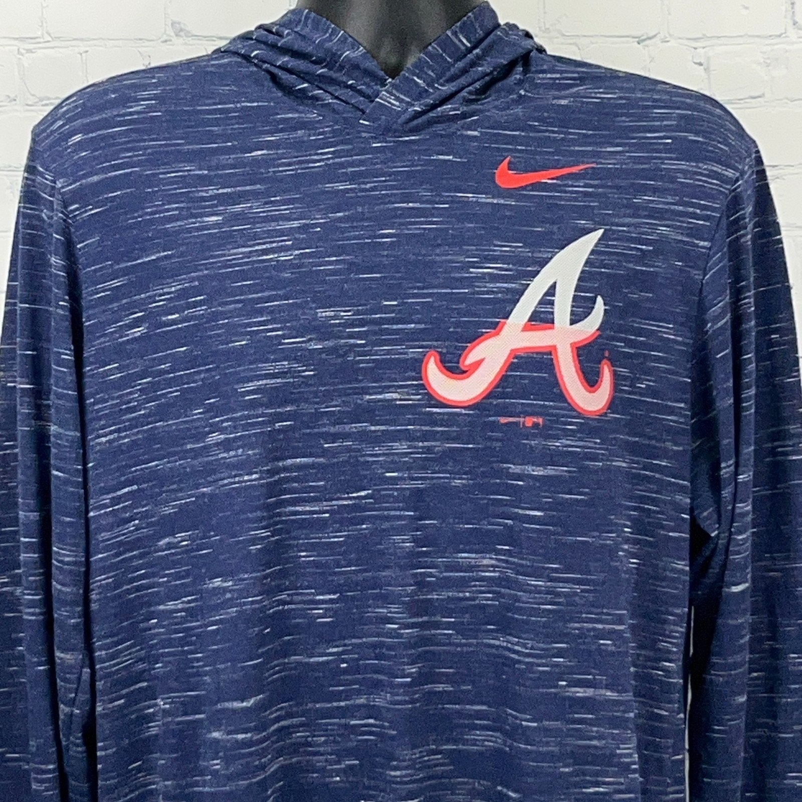 Nike Atlanta Braves Long Sleeve Hoodie in Navy with Red Logo on Front for Fans