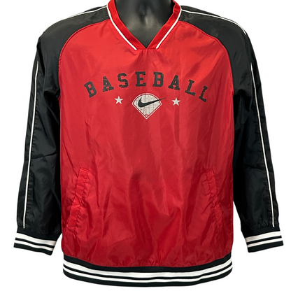 Nike red baseball jacket with black sleeves, front view featuring logo and striped hem