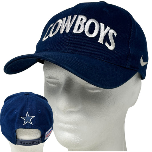 Nike Dallas Cowboys navy blue adjustable cap with embroidered logo and curved brim, front and back views