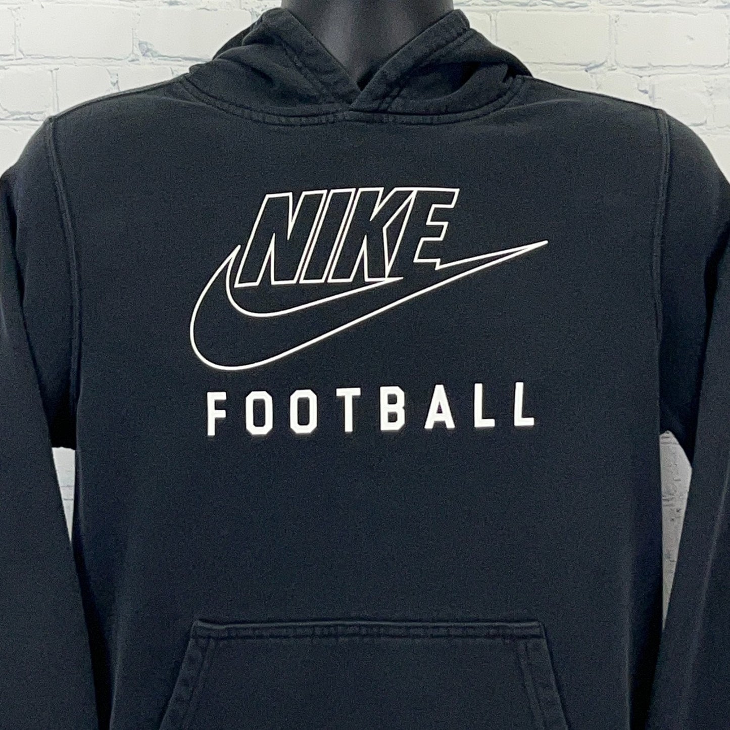 Nike Football Hooded Sweatshirt in Black with White Logo and Bold Text Design, Front View