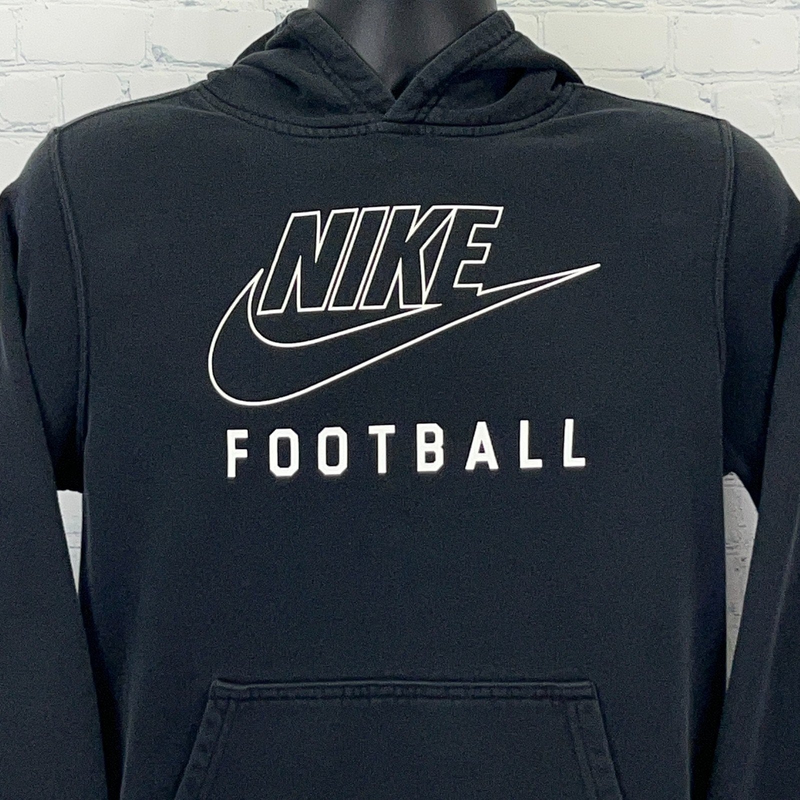 Nike Football Hooded Sweatshirt in Black with White Logo and Bold Text Design, Front View