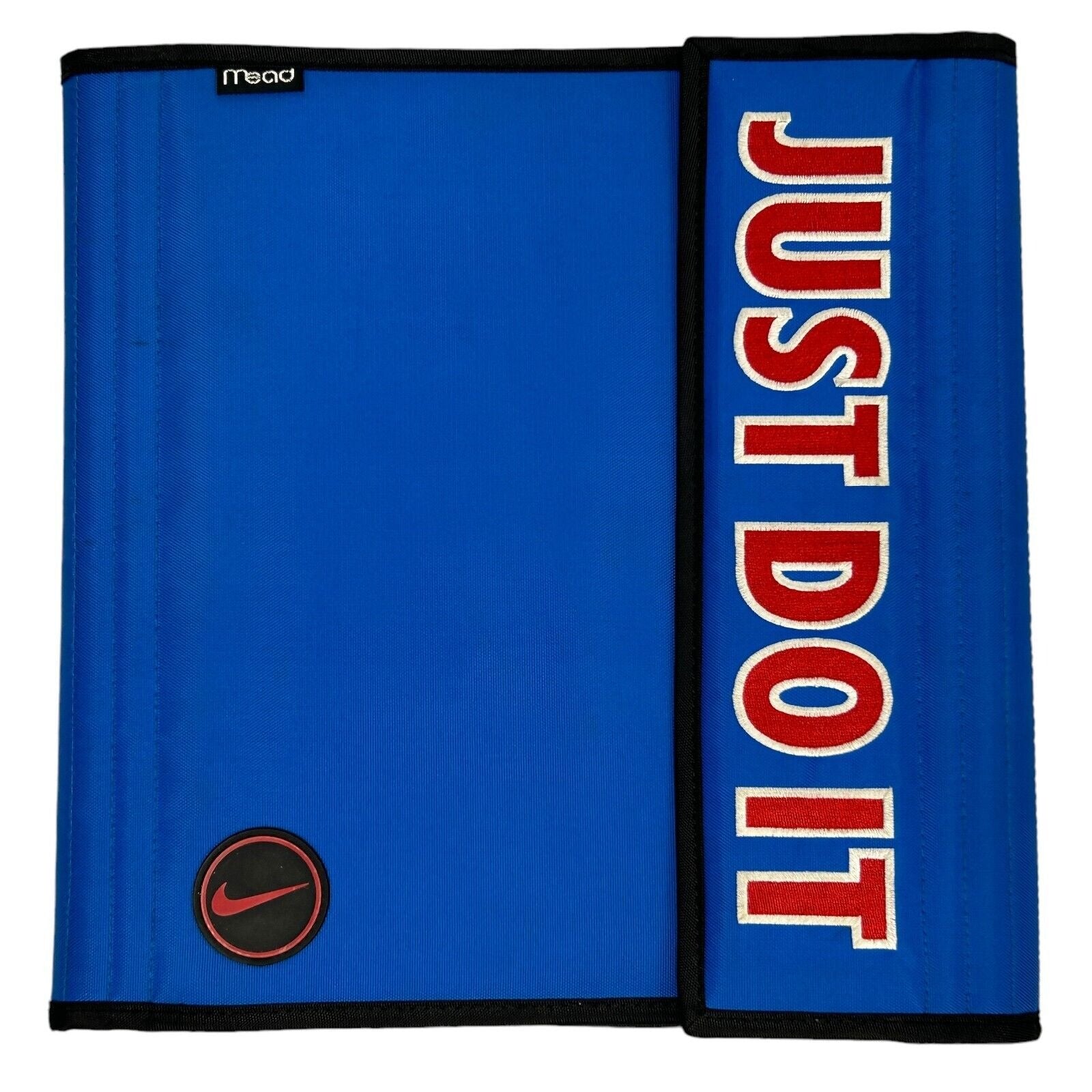 Blue Mead folder with Nike logo and 'Just Do It' text, featuring a front view and detailed design