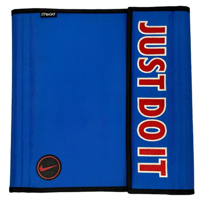Blue Mead folder with Nike logo and 'Just Do It' text, featuring a front view and detailed design