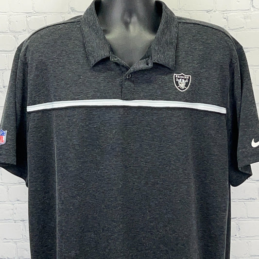 Nike men's black polo shirt featuring Las Vegas Raiders logo, front view with a striped design