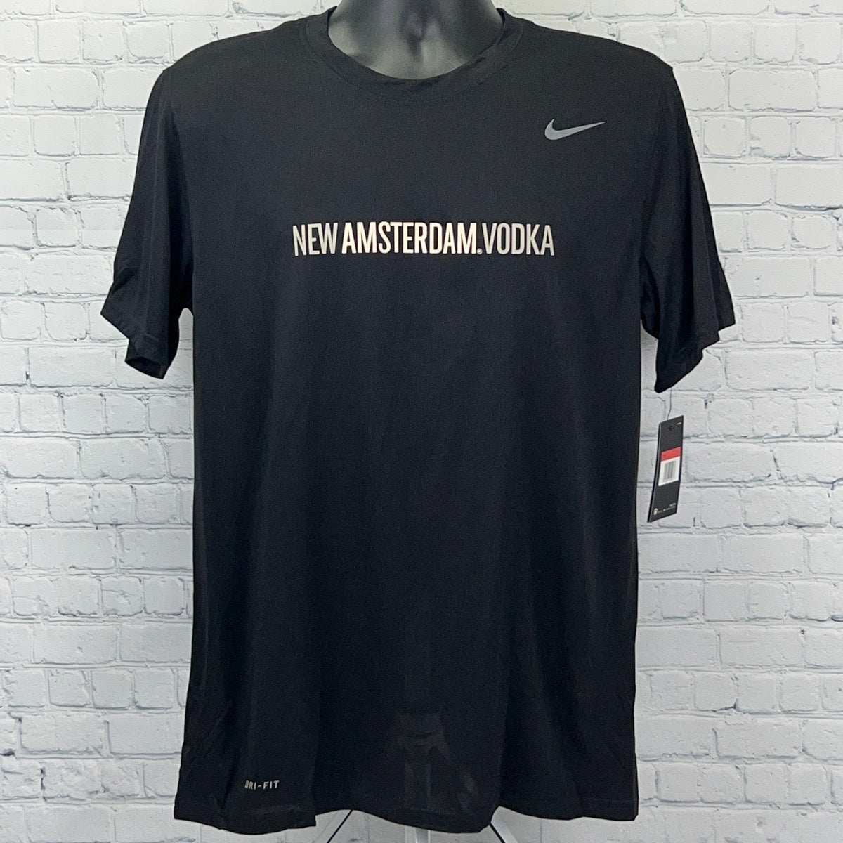 Black Nike T-shirt with New Amsterdam Vodka logo, front view, regular fit, ideal for casual wear.