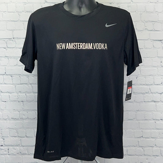 Black Nike T-shirt with New Amsterdam Vodka logo, front view, regular fit, ideal for casual wear.