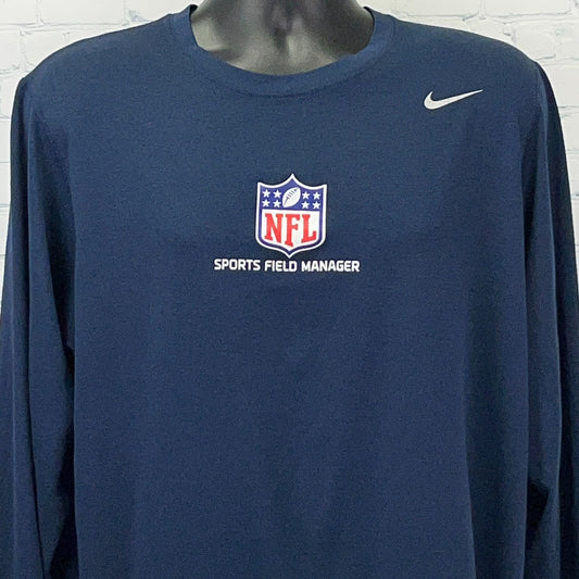 Navy Nike NFL long sleeve shirt featuring 'Sports Field Manager' logo on the front