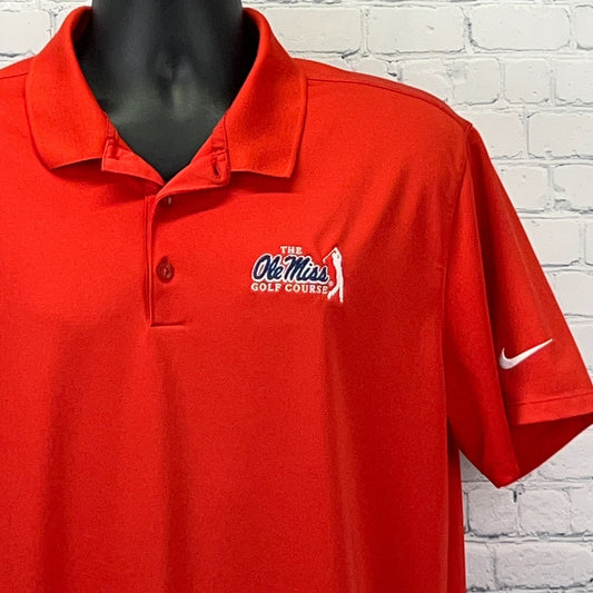 Red Nike polo shirt featuring Ole Miss logo on the front for golf enthusiasts