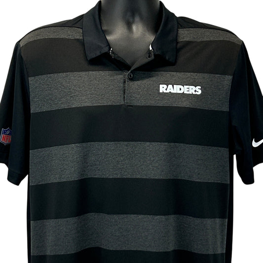 Nike Raiders Polo in black and gray stripes with front logo, perfect for fans and casual wear.