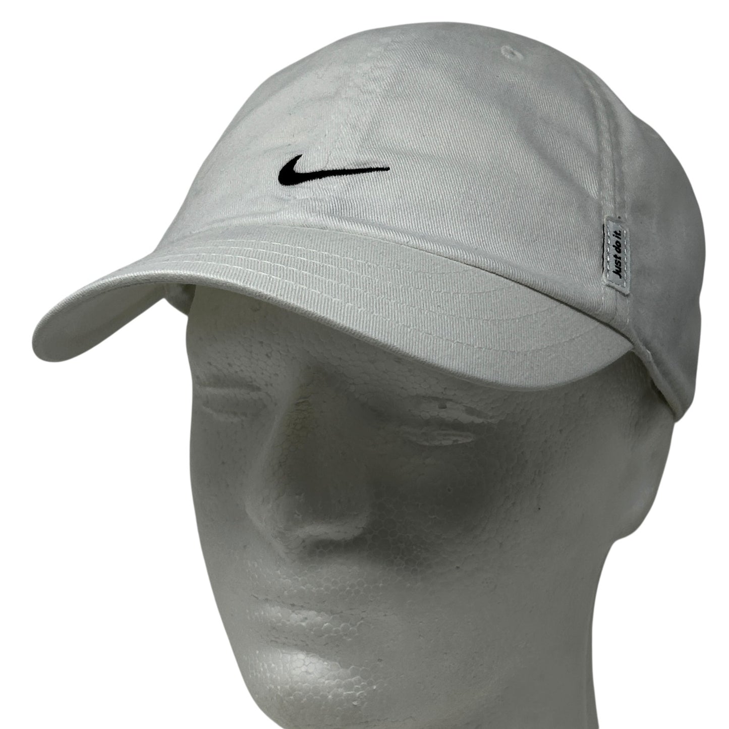 Nike White Adjustable Baseball Cap with Black Logo, Front View, Unisex Size